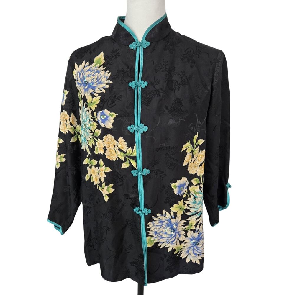 Vintage 90s Robbie Bee Silk Kimono Mandarin Asian Floral Blouse Top Sz 10P